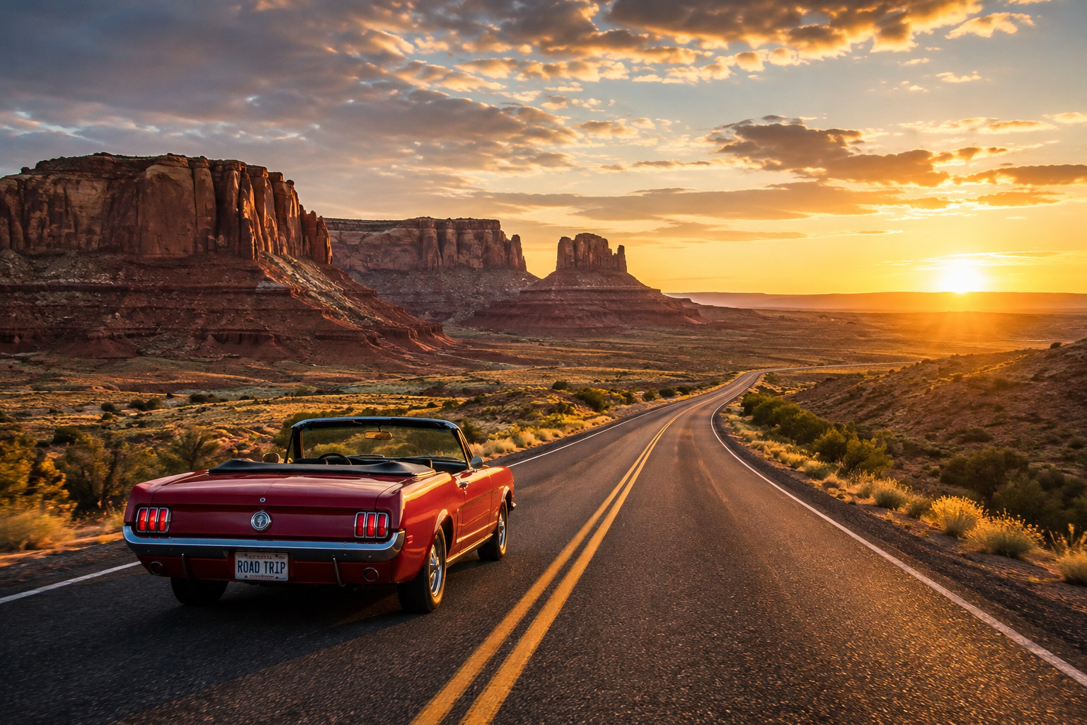 Estrada em uma road trip pelos Estados Unidos ao pôr do sol