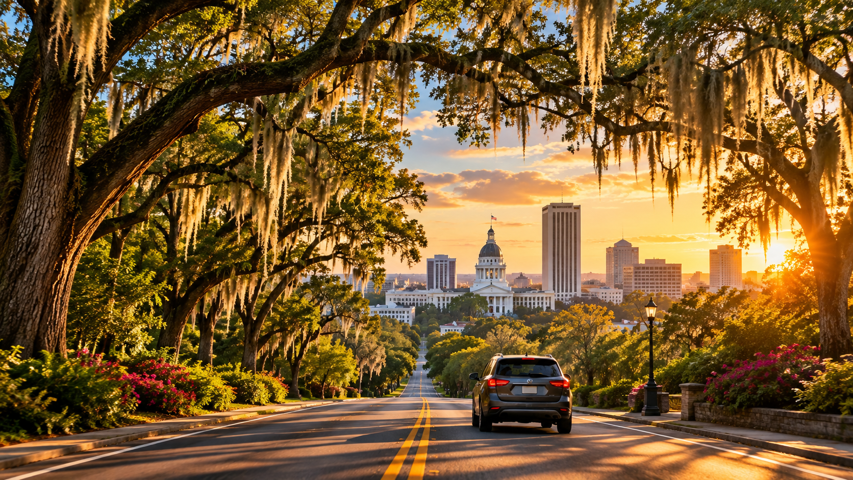 Avenida arborizada em Tallahassee, capital da Flórida